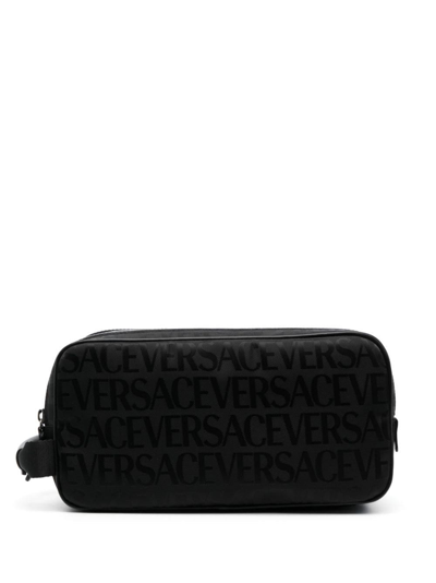 Versace Logo Jacquard Nylon Toiletry Bag In Nero