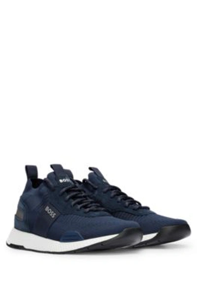 Hugo Boss Structured-knit Sock Trainers With Branding In Dark Blue 401