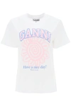Ganni Basic Flower Print Cotton T-shirt In White