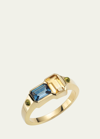 JOLLY BIJOU 14K GOLD ORB BLUE TOPAZ AND CITRINE RING WITH PERIDOT CABOCHONS