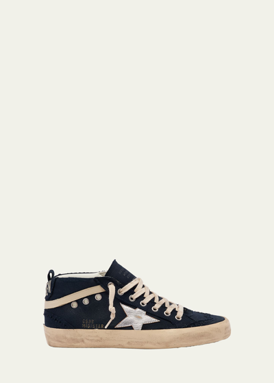 Golden Goose Mid Star Canvas Wing-tip Sneakers In Navy Blue Silver