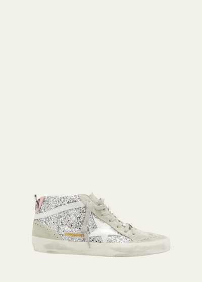 Golden Goose Mid Star Glitter Wing-tip Sneakers In Silverivoryblack