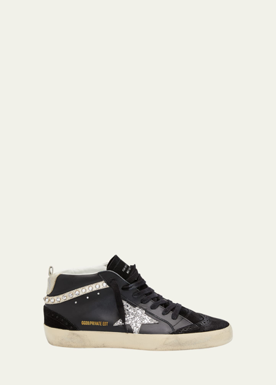 Golden Goose Mid Star Leather Crystal Wing-tip Sneakers In Black Silver Beig