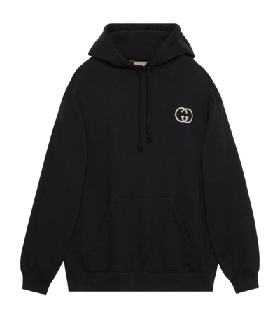 Gucci Interlocking G-patch Drawstring Hoodie In Black