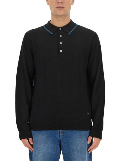 Ps By Paul Smith Logo-embroidered Merino Polo Shirt In Black