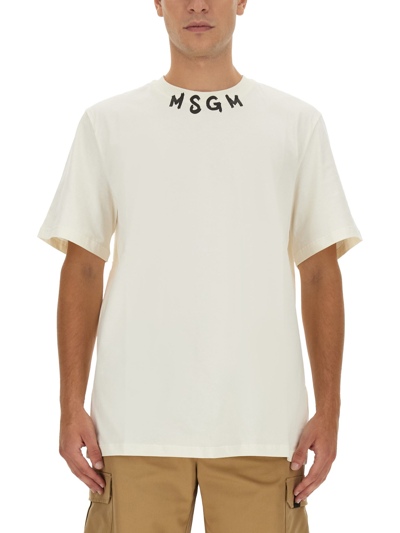 Msgm Logo Print T-shirt In Beige
