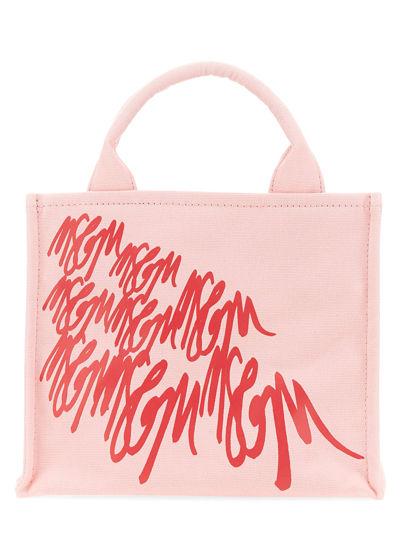 Msgm Mini Printed Cotton Top Handle Bag In Pink