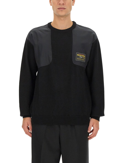 Moschino Logo-patch Panelled Wool Sweatshirt In Black