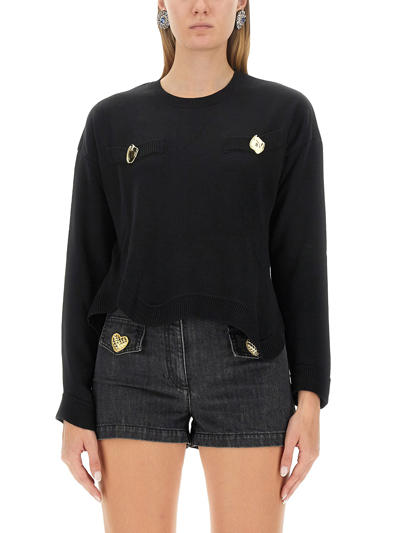 Moschino Asymmetric Hem Crewneck Knitted Jumper In Black
