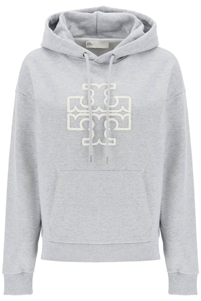 Tory Burch Double T Drawstring Cotton Hoodie In Grey