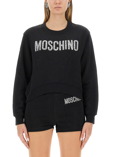 Moschino Glitter-logo Cotton Sweatshirt In Black