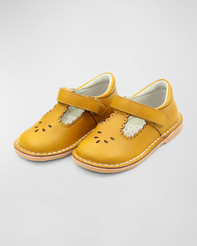 L'amour Shoes Girl's Angie Scalloped Leather T-strap Mary Jane Flats, Baby/toddler/kid In Mustard