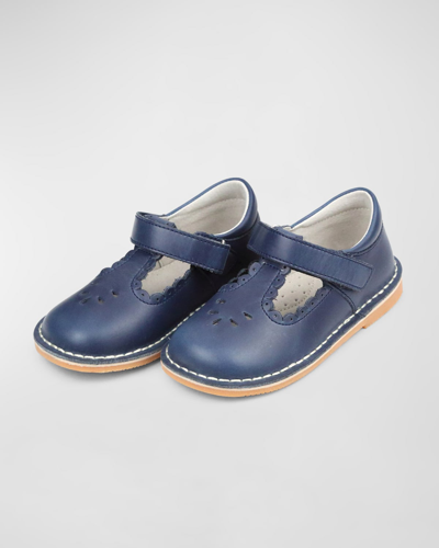 L'amour Shoes Girl's Angie Scalloped Leather T-strap Mary Jane Flats, Baby/toddler/kid In Navy