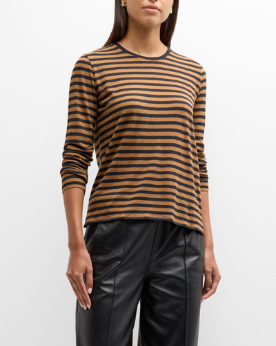 Majestic Cashmere Blend Striped Crewneck Sweater In Camel