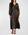 Polo Ralph Lauren Satin Midi Wrapdress In Dark Brown