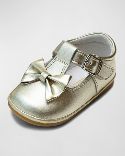 L'amour Shoes Kids' Minnie Bow Leather Mary Janes, Baby In Gold