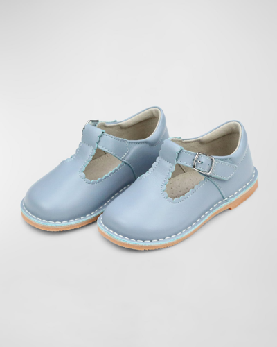 L'amour Shoes Girl's Selina Scalloped Leather T-strap Mary Jane Flats, Baby/toddler/kid In Dusty Blue