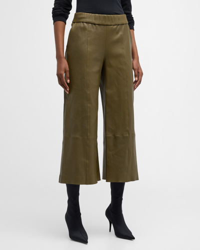 Sprwmn High-rise Leather Wide-leg Culotte Trousers In Moss