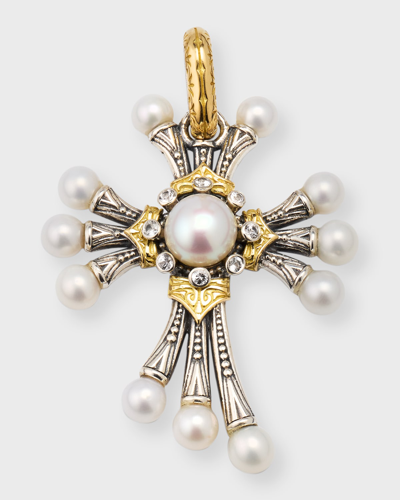 Konstantino Sterling Silver And 18k Gold Pearl Cross Pendant In Multi