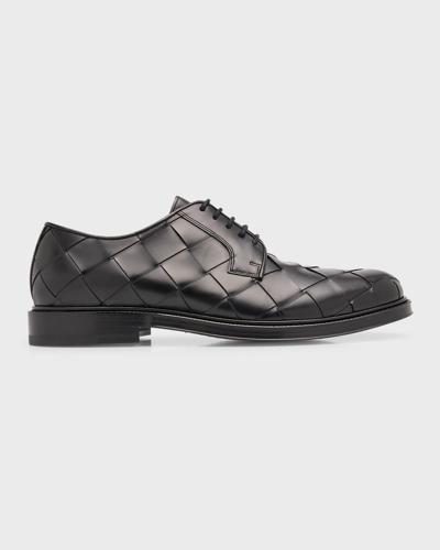 Bottega Veneta Men's Intrecciato Leather Derby Shoes In Nero
