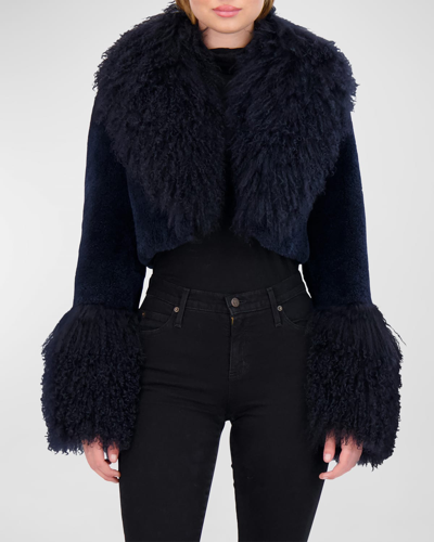 Gorski Cashmere Goat Shearling Crop Bolero Jacket With Mongolian Goat Fur Collar And Cuffs In Dark Blue