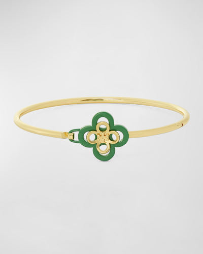 Tory Burch Kira Clover Enamel Hinge Bracelet In Tory Green