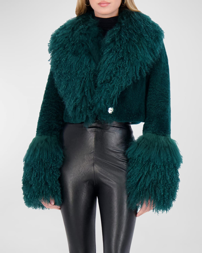 Gorski Cashmere Goat Shearling Crop Bolero Jacket With Mongolian Goat Fur Collar And Cuffs In Forest Green
