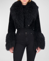 Gorski Cashmere Goat Shearling Crop Bolero Jacket With Mongolian Goat Fur Collar And Cuffs In Black