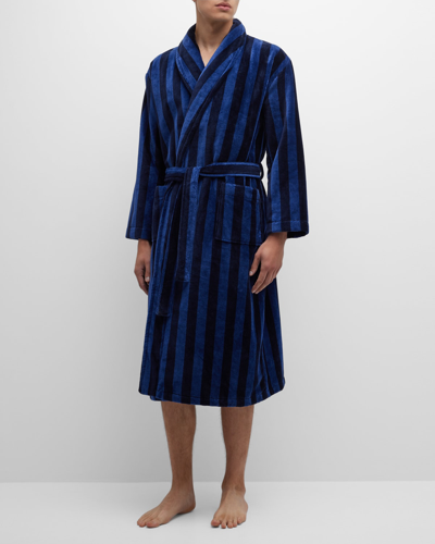 Derek Rose Men's Aston 36 Velour Stripe Robe In Navy