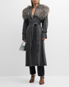 LAPOINTE WASHED DENIM BELTED LONG TRENCH COAT WITH MONGOLIAN SHEEP SHEARLING TRIM