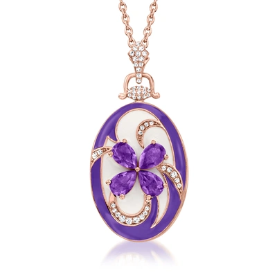 Ross-simons Amethyst And . White Zircon Flower Locket Pendant Necklace With Multicolored Enamel In 18kt Rose Gol In Purple