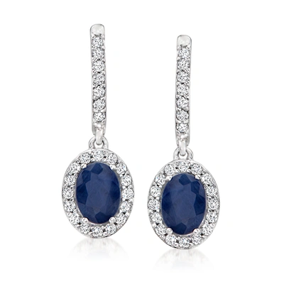 Ross-simons Sapphire And . Diamond Hoop Drop Earrings In 14kt White Gold In Silver