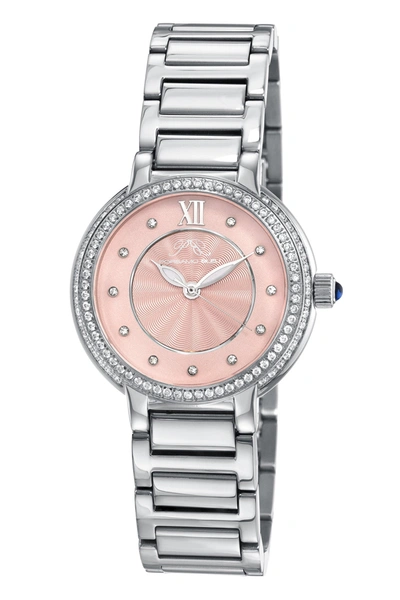 Porsamo Bleu Stella Women's Silver Tone Crystal Watch With Baby Pink Guilloche-sunray Dial