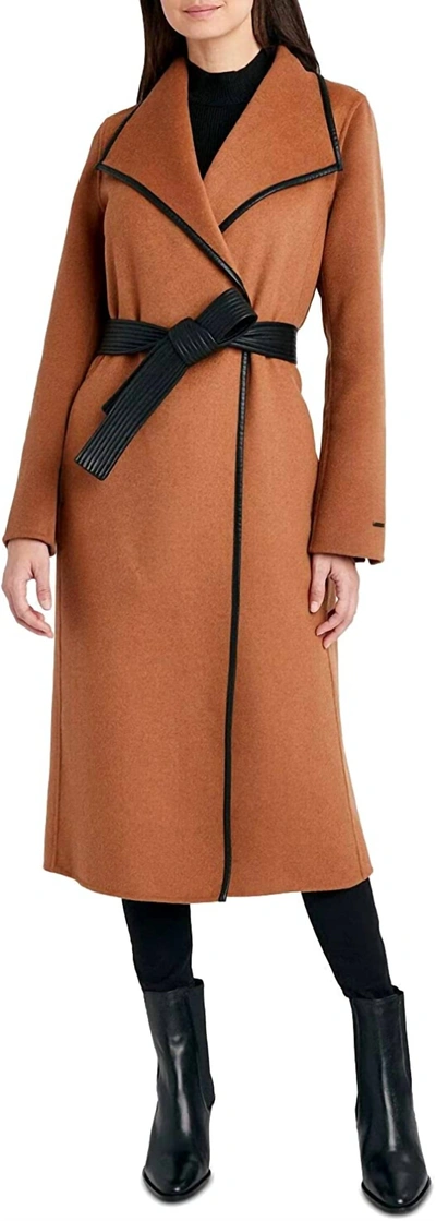 T Tahari Women Black Juliette Double Face Wool Belted Coat In Caramel In Brown