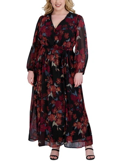 Signature By Robbie Bee Plus Womens Chiffon Printed Maxi Dress In Black