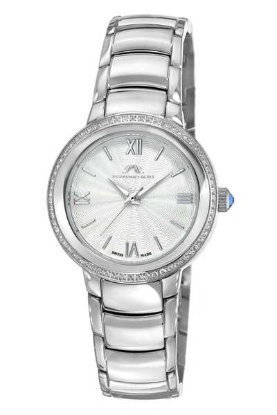 Porsamo Bleu Luna Women's Silver Tone Crystal Watch, Guilloche Dial