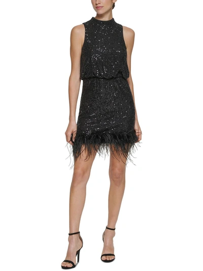 Eliza J Plus Size Sequined Feathered-hem Cocktail Dress In Black