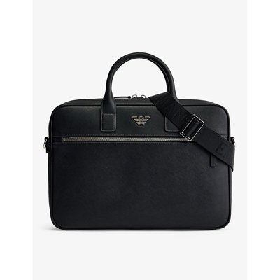 Emporio Armani Mens Logo-plaque Recycled-leather Briefcase Black
