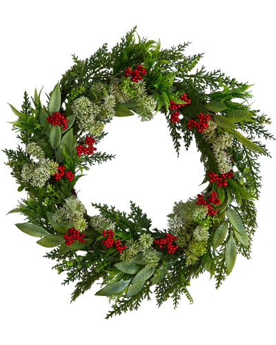 Nearly Natural Cedar, Eucalyptus And Berries Artificial Christmas Wreath In Green