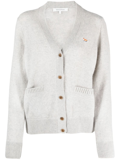 Maison Kitsuné Logo-patch V-neck Wool Cardigan In Gray