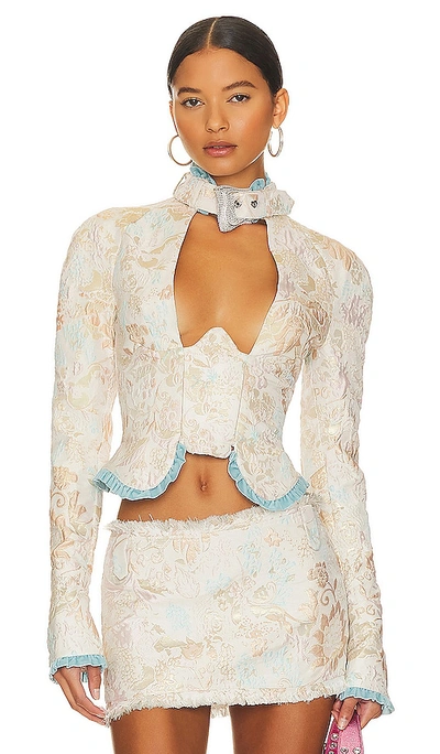 Poster Girl Bermuda Top Brocade Flare Sleeve Curved Wire Top In Ivory