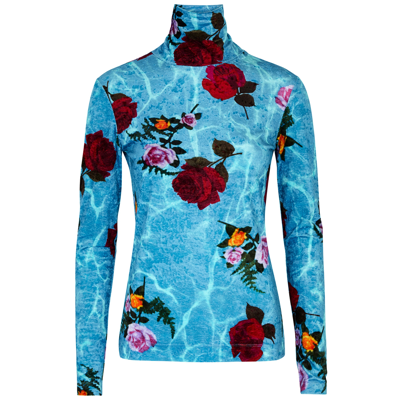 Dries Van Noten Heyser Floral-print Crushed-velvet Turtleneck Top In Blue