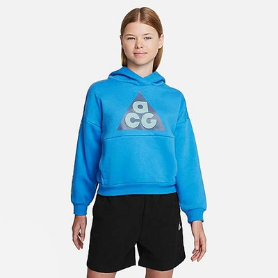 Nike Acg Icon Fleece Big Kids' Pullover Hoodie In Light Photo Blue/mineral/bronzine