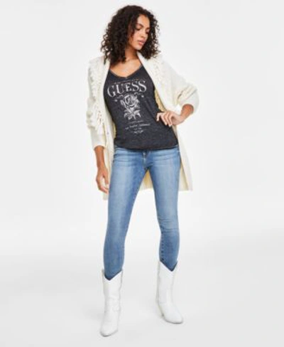 Guess Womens Short Sleeve Rose Graphic Top Belted Cardigan Sweater Skinny Denim Jeans In Maya Bay