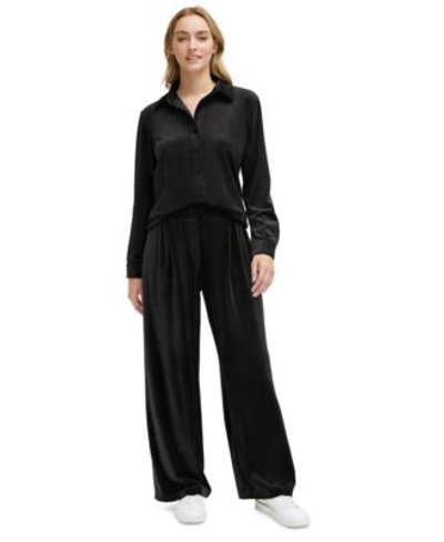 Calvin Klein Womens Velour Button Down Shirt Pleat Front Wide Leg Pants In Black