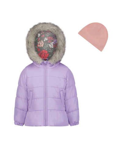 Weathertamer Toddler Girls Solid With Faux Fur Trim Jacket And Fleece Beanie Set In Lilac