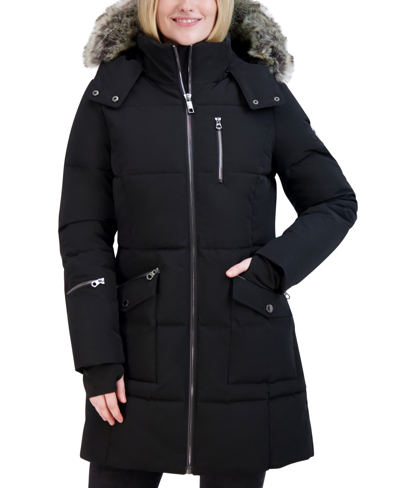 Nautica Women's Faux-fur-trim Hooded Puffer Coat In Black