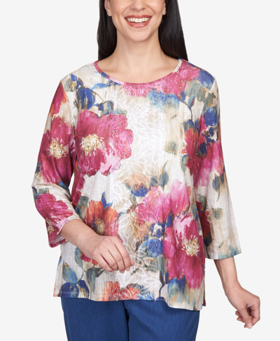 Alfred Dunner Plus Size Chelsea Market Texture Drama Floral Lace Paneled Top In Multi