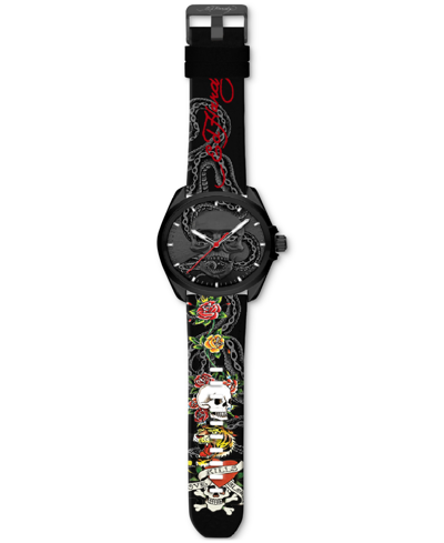 Ed Hardy Men's Printed Black Silicone Strap Watch 46mm