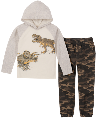 Kids Headquarters Kids' Toddler Boys Long Sleeve Thermal-jersey Raglan Hooded T-shirt And Camo Twill Joggers, 2 Piece Set In Off White